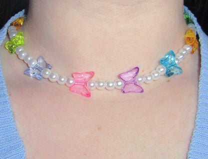 Y2K Butterfly & Pearl choker necklace